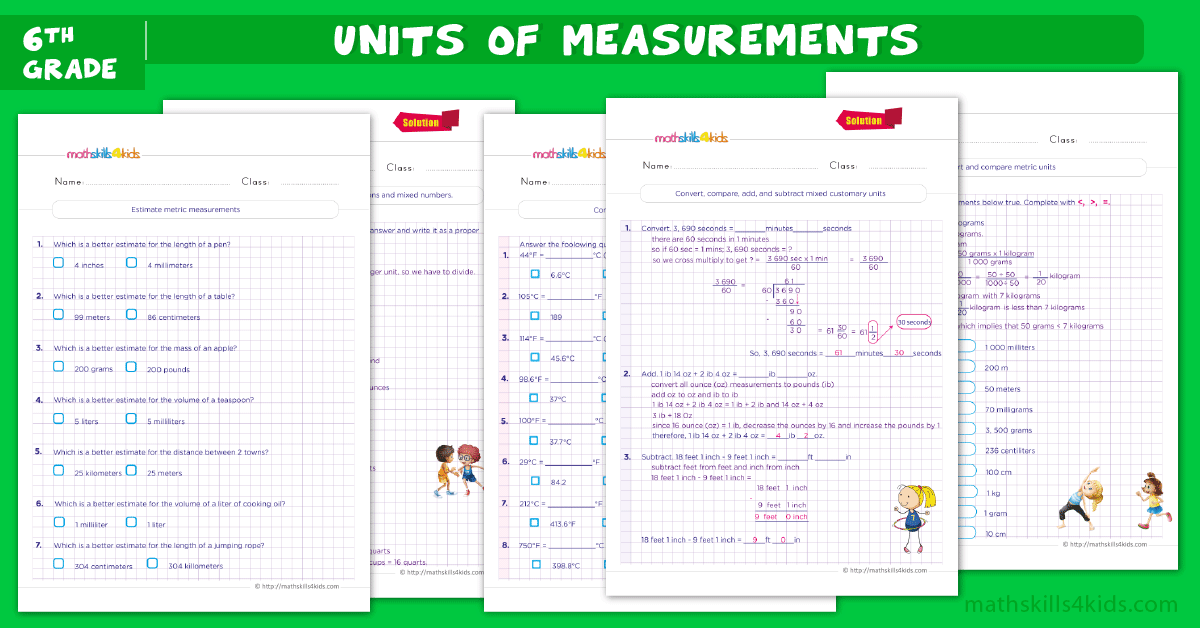 sixth grade  math worksheets - measuring units