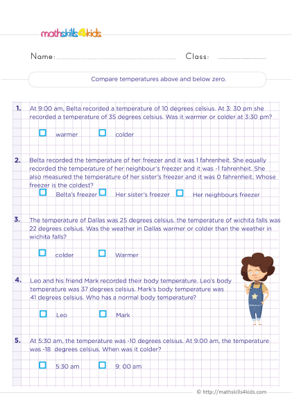 Measuring units worksheets for 6th grade - Compare temperature: negative and positive number comparison