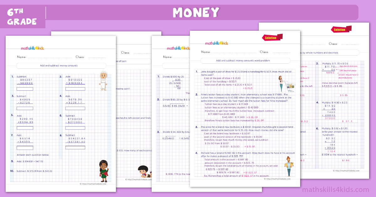 sixth grade math worksheets - money math