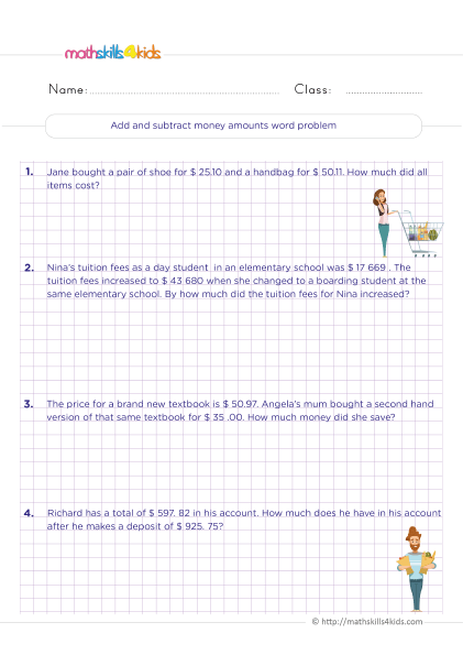 Fun and educational money math worksheets for 6th Grade learners - Add and subtract money amount word problems