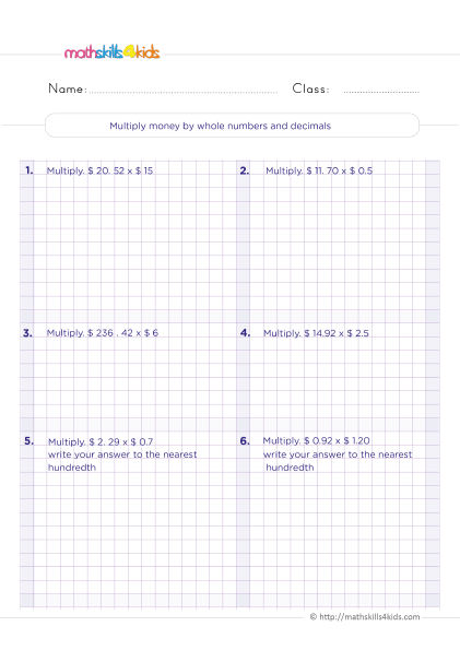 Money math worksheets for 6th grade - multiply money amount by decimal and whole number