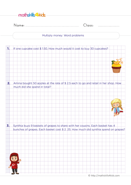 Fun and educational money math worksheets for 6th Grade learners - Multiply money amount word problems