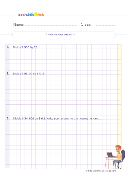 Fun and educational money math worksheets for 6th Grade learners - Dividing money amount practice