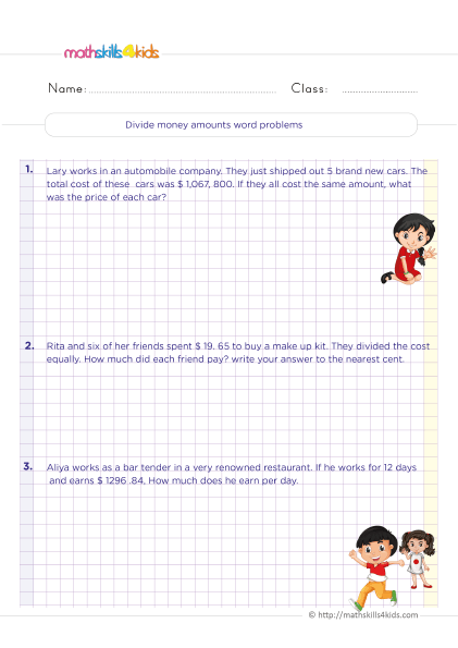 Fun and educational money math worksheets for 6th Grade learners - dividing money amount word problems