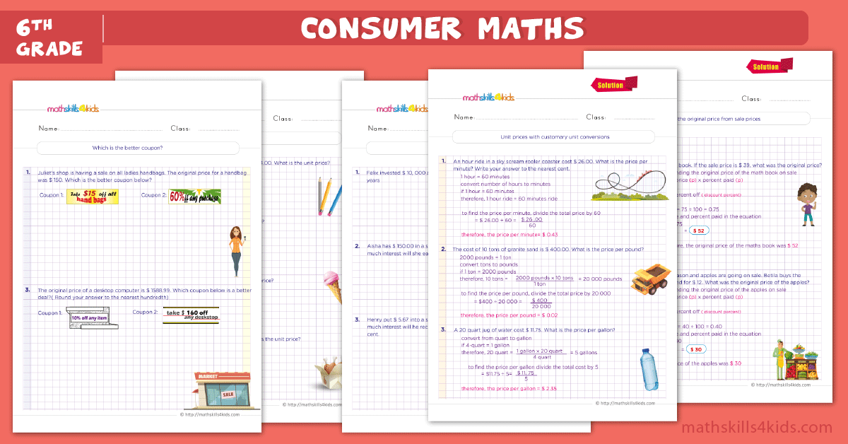 consumer math worksheets for 6th grade math skills for kids