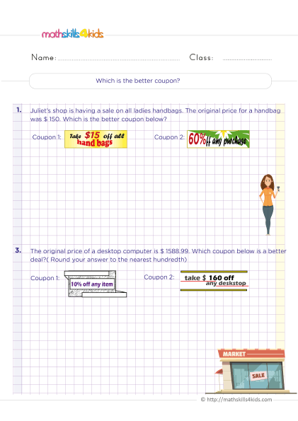 Grade 6 math worksheets: Improve kids’ math skills with fun exercises - Which is the better coupon practice