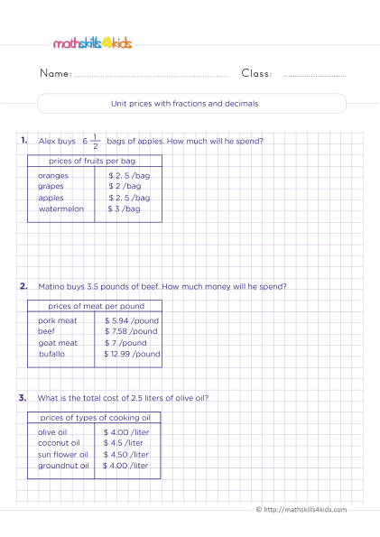 Consumer Math Worksheets for 6th Grade - unit price with fractions and decimals