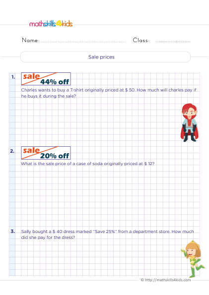 Money math worksheets for 6th grade - How to find the original price of a discount - sale prices