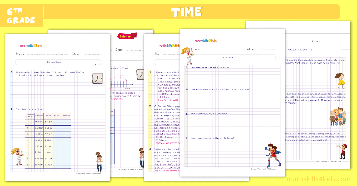 Telling time worksheets for 6th grade - Math Skills for Kids