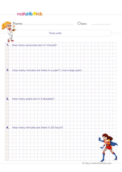 Time for Fun: 6th Graders measuring and telling time worksheets - Time units