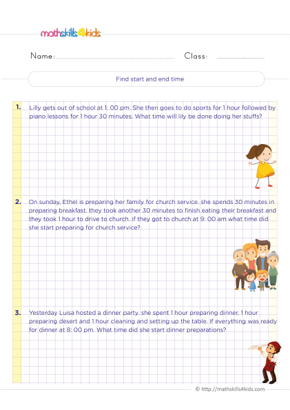 Telling time worksheets for 6th grade - finding start and end time