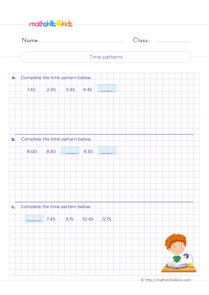 Time for Fun: 6th Graders measuring and telling time worksheets - Time patterns