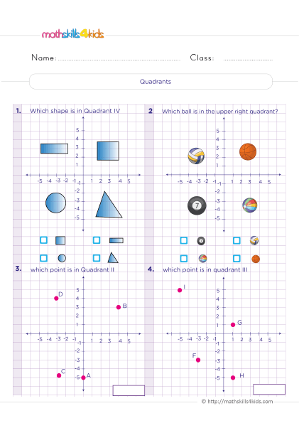6th Grade Math worksheets - easy way to learn quadrants
