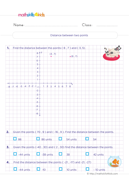 6th Grade coordinate plane worksheets: Download now - Find the distance between two points