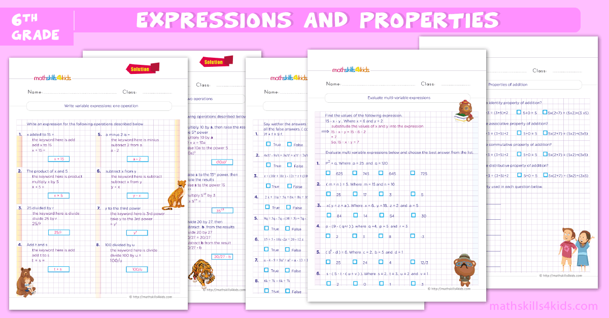 6th grade algebraic expressions worksheets - Math expressions and properties for grade 6 with answers