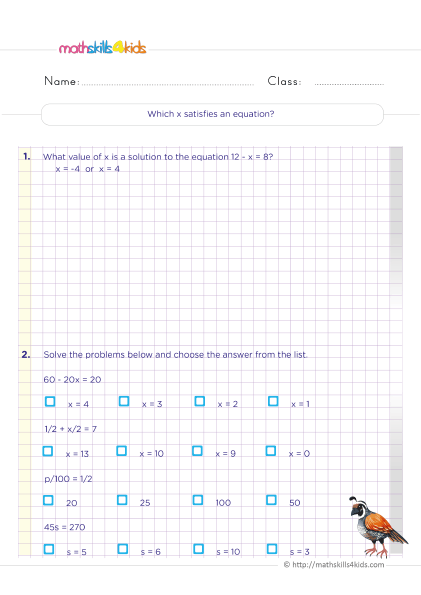 6th Grade Math worksheets - which x satisfies an equation practice