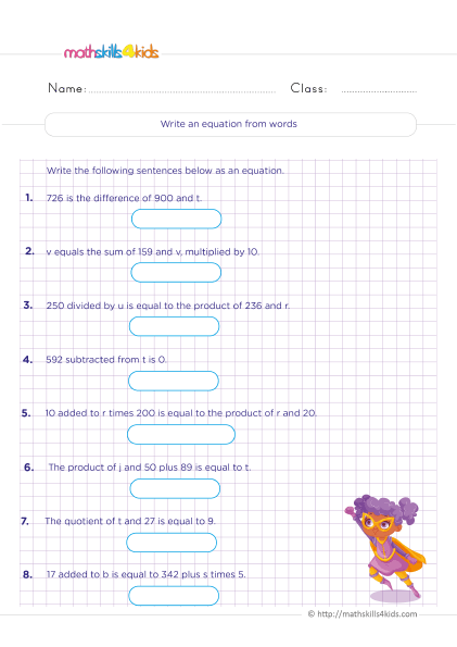 One step equations worksheets for grade 6 - Writing one-step equations from word problems