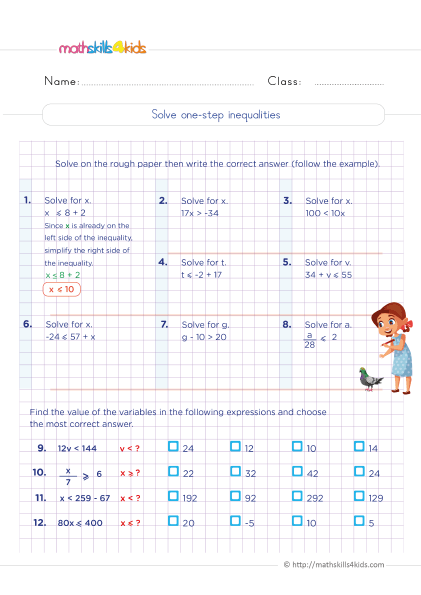 Grade 6 math worksheets: Improve kids’ math skills with fun exercises - writing and solving one-step inequalities