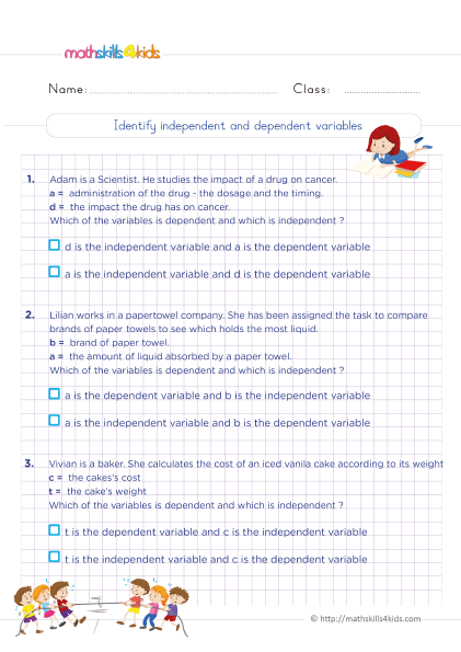 Solving two-variable equations worksheets for 6th Graders - How to identify the independent and dependent variables