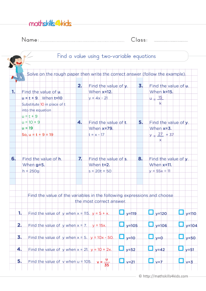 Grade 6 math worksheets: Improve kids’ math skills with fun exercises - solve two-variable equations with one fixed value - Completing solutions to 2-variable equations