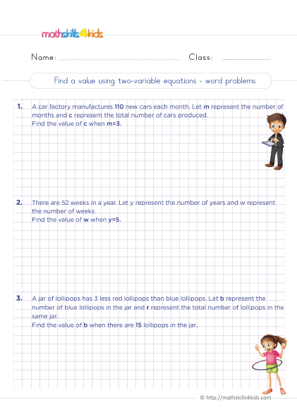 Solving two-variable equations worksheets for 6th Graders - Solving linear equations in two variables word problems