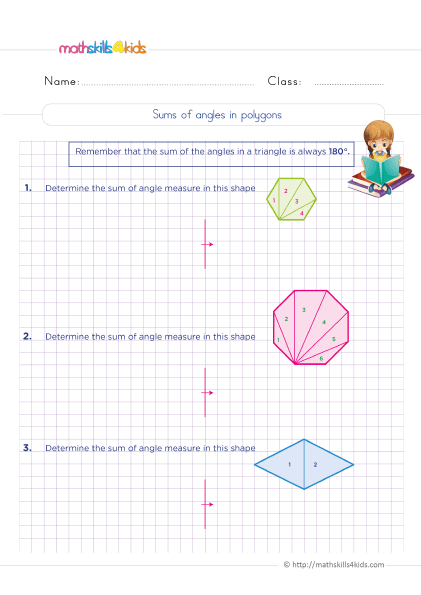 6th Grade Math worksheets - How to find the sum of the angles in a polygon