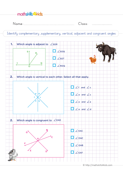6th Grade 2D Geometry Worksheets PDF - Identifying types of angles - complementary supplementary vertical adjacent and congruent