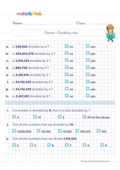 Printable 6th Grade math worksheets: Division of whole numbers - Understand divisibility rules
