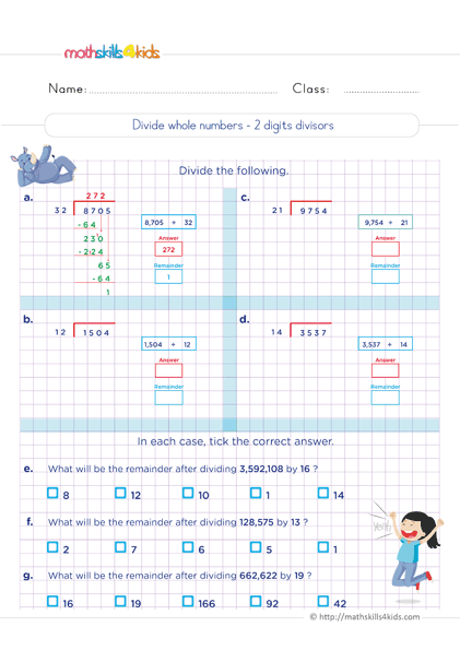 6th Grade Math worksheets - Divide whole numbers by a 2 digit number