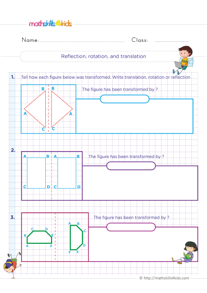 6th Grade Math worksheets - Rotation translations and reflections practice