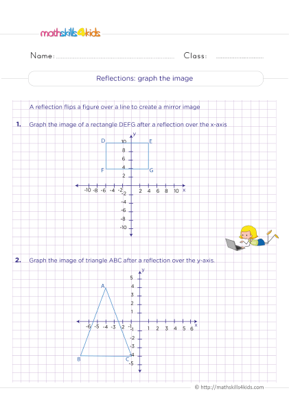 6th Grade symmetry and transformation worksheets - Graph reflection across axes