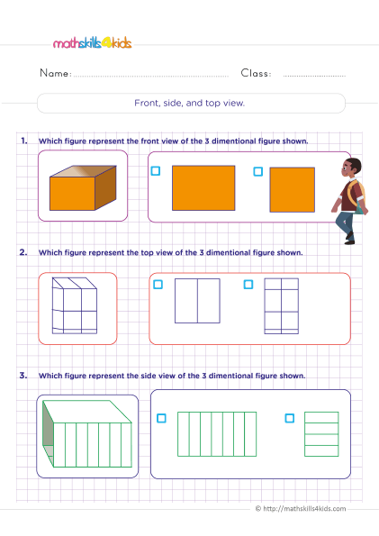 6th Grade Three Dimensional Figures Worksheet with Answers - Front side and top view of a three dimensional figure