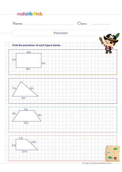 6th Grade geometry worksheets: Perimeters, surface area, and volume measurements - Finding perimeter of plane figures
