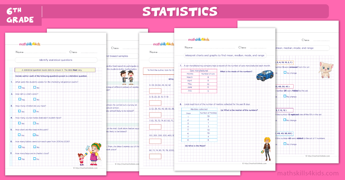 Statistics Concepts Printable Worksheets for 6th Grade