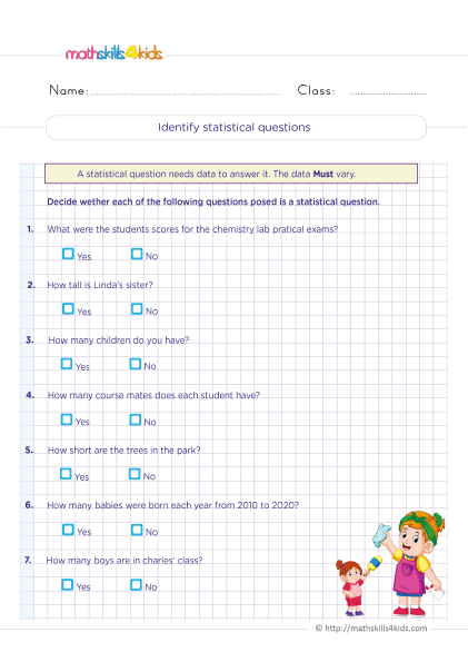 6th Grade Math worksheets - Identifying statical question
