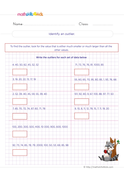 Grade 6 Statistics Worksheets PDF - Finding outliers in data practice
