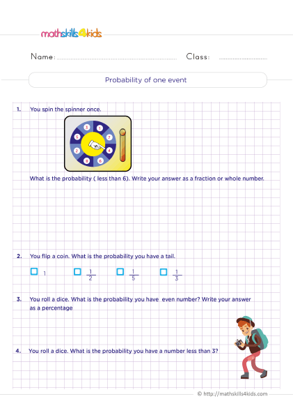Probability Worksheets for Grade 6 with Answers - Find and calculate the probability of a single event