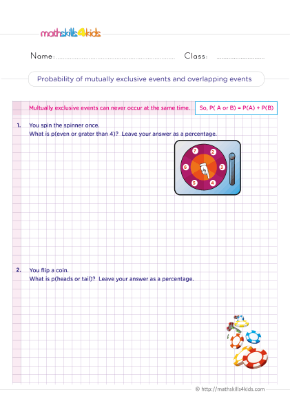6th Grade Math worksheets - probability of mutually exclusive events and overlapping events