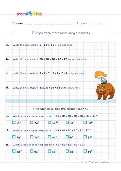 6th Grade Exponents and Square Roots Worksheets PDF - writing multiplication expressions using exponents
