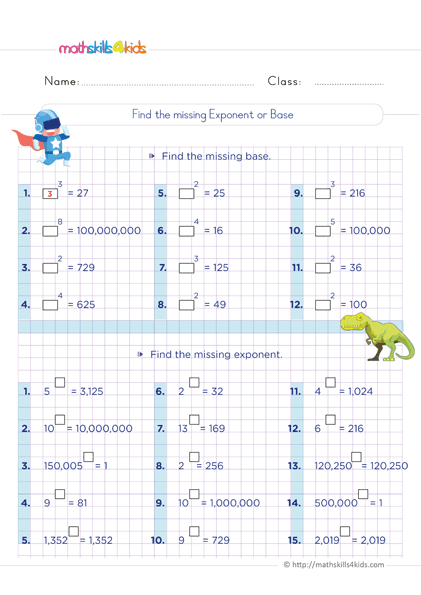 6th Grade Exponents and Square Roots Worksheets PDF - find the missing exponent or base