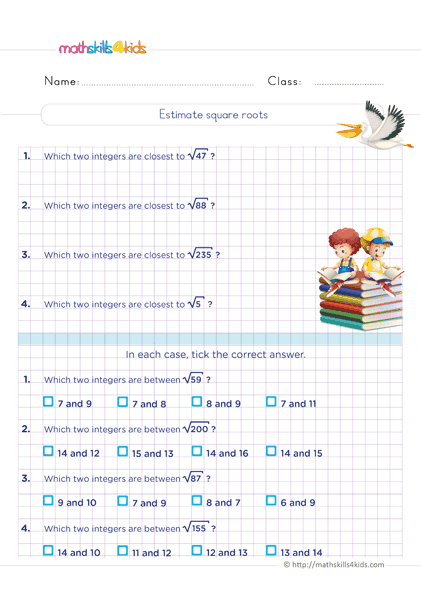 Grade 6 math worksheets: Improve kids’ math skills with fun exercises - Estimate square roots - Solve the following problems