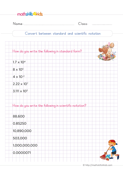 6th Grade Math worksheets - How do you convert from standard form to scientific notation