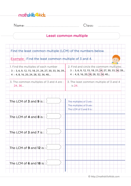 6th Grade Math worksheets - Find the least common multiple (LCM) of a number