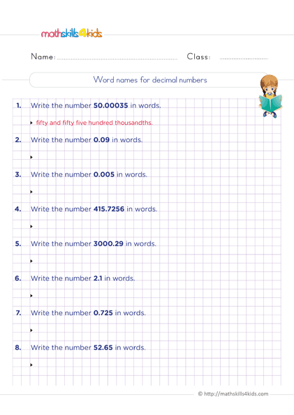 Decimal Practice Worksheets for 6th Grade - Reading and writing decimals in words practice