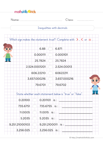 Decimals made simple: Worksheets for 6th Grade math lovers - Inequalities with decimals