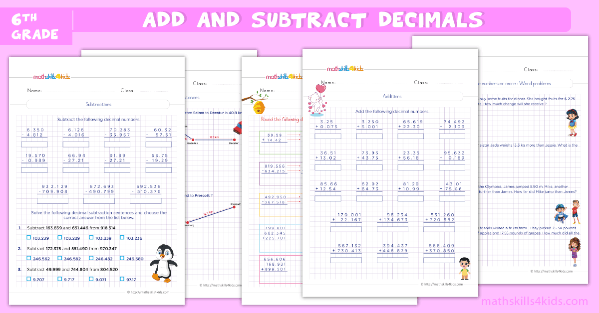 Adding and Subtracting Decimals Worksheets PDF for 6th Grade