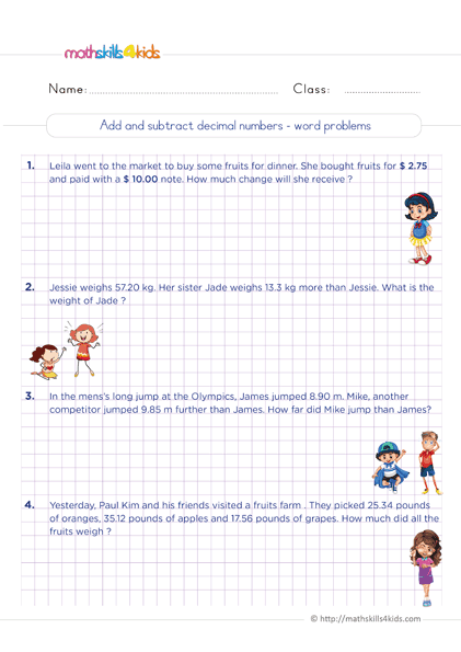 6th Grade decimal addition and subtraction: Free printable worksheets - Add and subtract decimals word problems