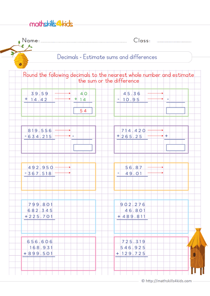 6th Grade decimal addition and subtraction: Free printable worksheets - Estimating sums and differences of decimals