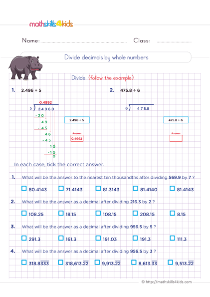 6th Grade Math worksheets - Division with decimal quotients - Divide decimals by whole numbers