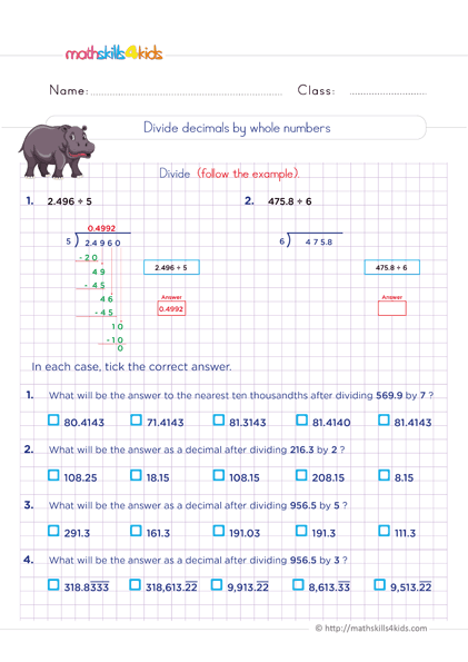 6th Grade math: Multiplying and dividing decimals worksheets - divide with decimal quotient